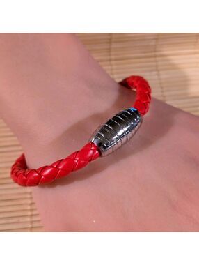 Red Braided Thick Vegan Leather Magnetic Clasp Bangle Bracelet